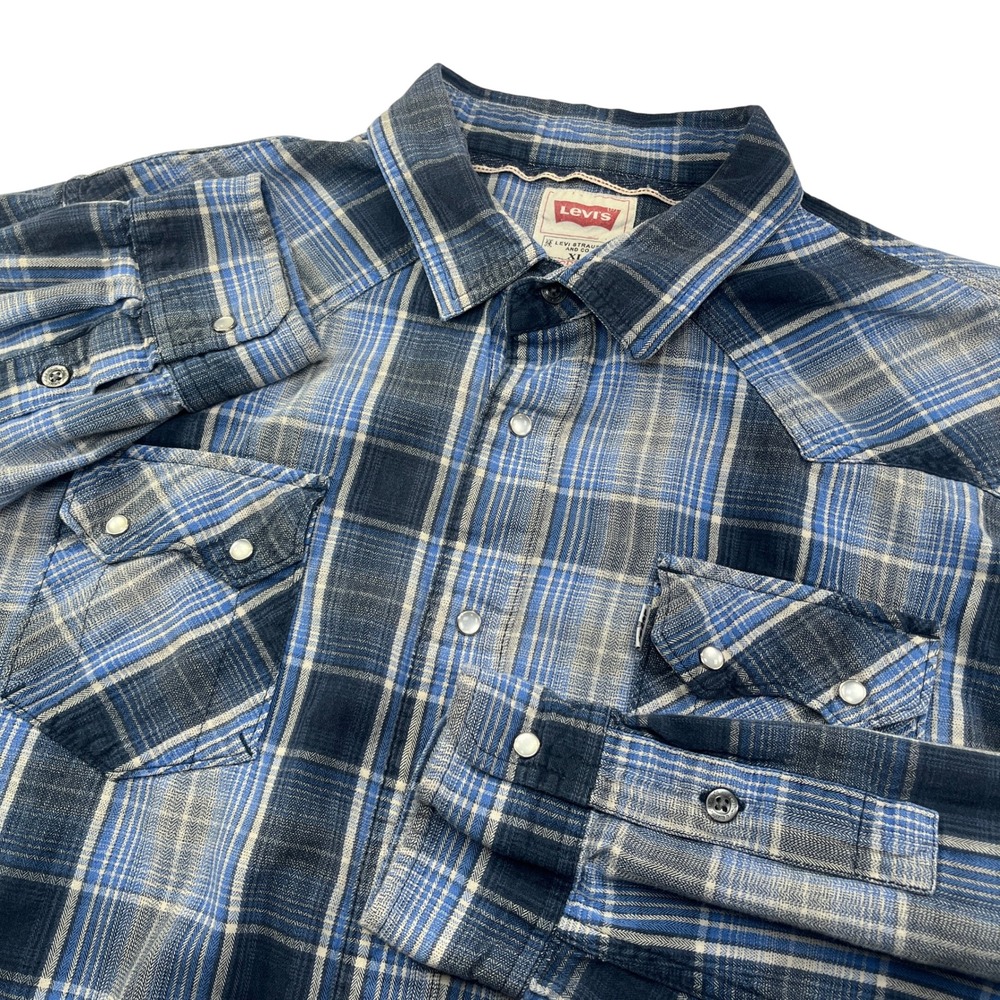 LEVIS Western Pearl Snap Shirt Mens XL Blue Grey Plaid Long Sleeve Cowboy Modern